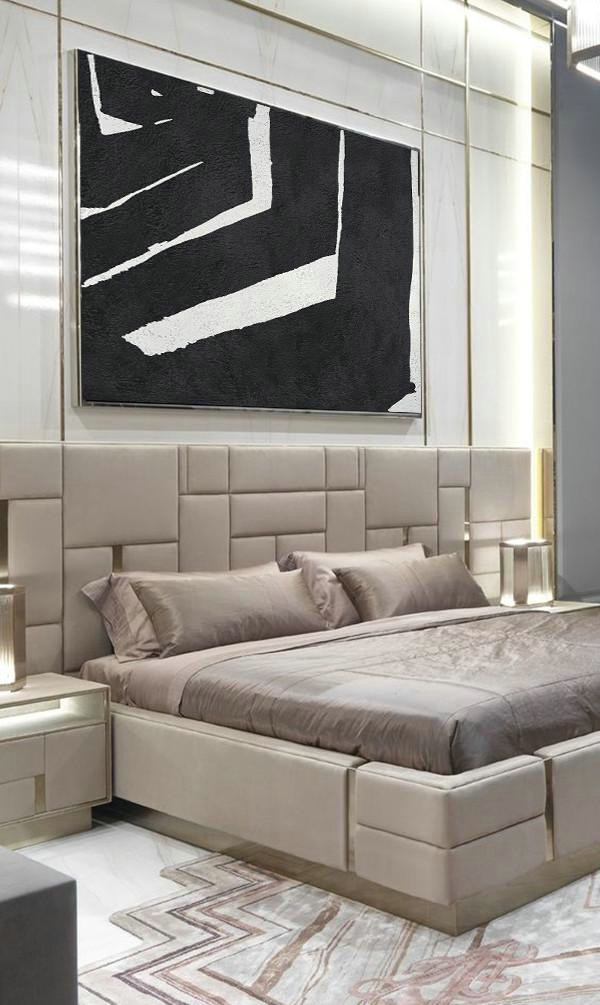 Large Canvas Wall Art For Sale,Hand Painted Oversized Horizontal Minimal Art On Canvas, Black And White Minimalist Painting - Contemporary Art Acrylic Painting